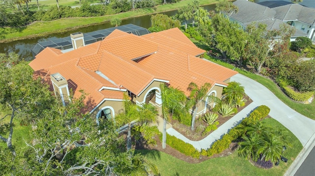 drone / aerial view featuring a water view