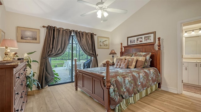 bedroom with light wood finished floors, lofted ceiling, a ceiling fan, access to outside, and baseboards