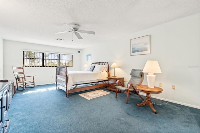 bedroom with dark colored carpet, ceiling fan, and a textured ceiling