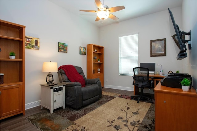 office area with dark hardwood / wood-style floors and ceiling fan