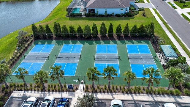 bird's eye view with a water view