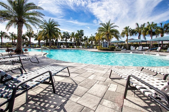 view of swimming pool featuring a gazebo and a patio area