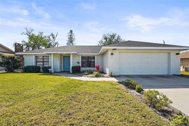 ranch-style home featuring central AC unit, a garage, and a front lawn