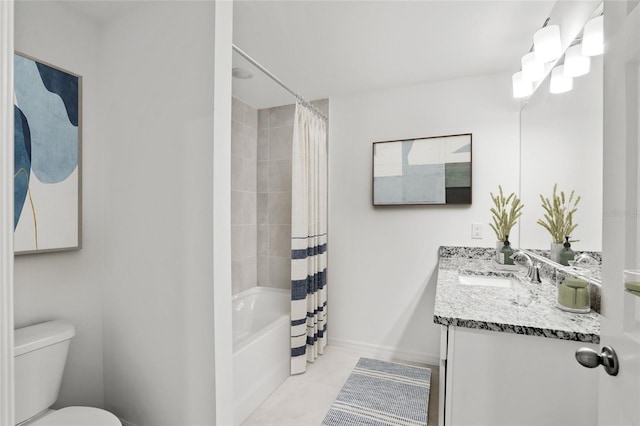 full bathroom with toilet, vanity, shower / bathtub combination with curtain, and tile patterned flooring