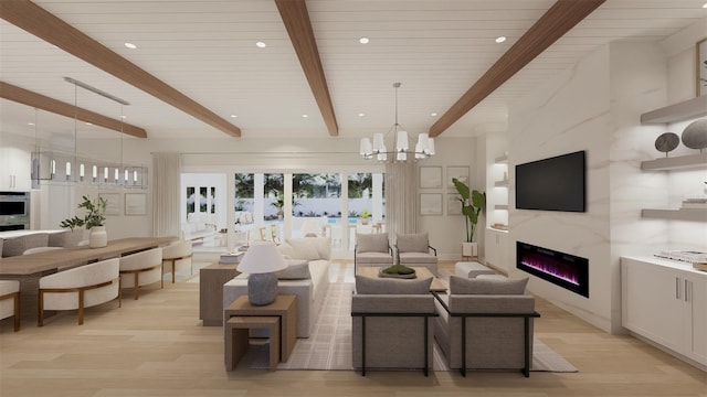 living room with wood ceiling, beam ceiling, light hardwood / wood-style floors, and a chandelier