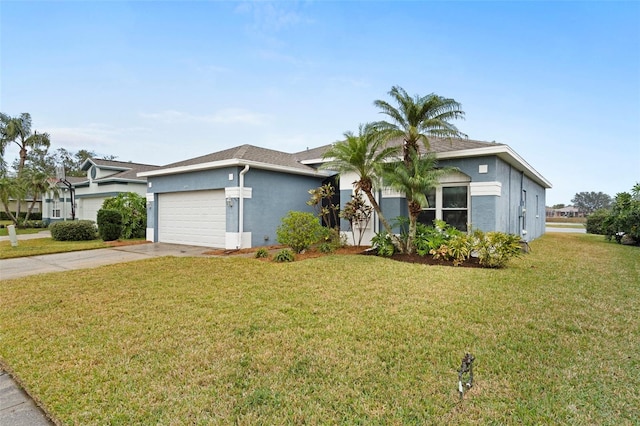 ranch-style home featuring a garage and a front yard