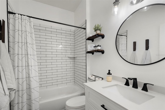 full bathroom featuring shower / bath combination with curtain, vanity, and toilet