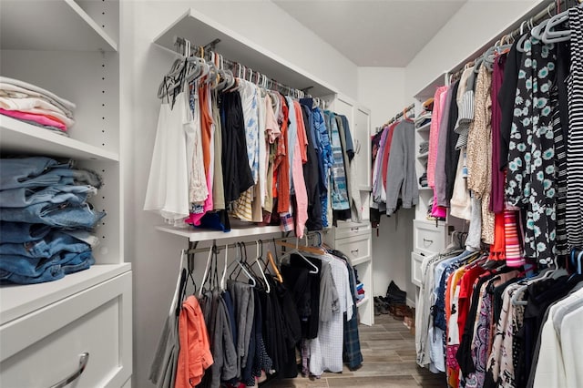 walk in closet with hardwood / wood-style flooring