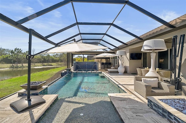 pool with an outdoor hangout area, a patio area, and a lanai