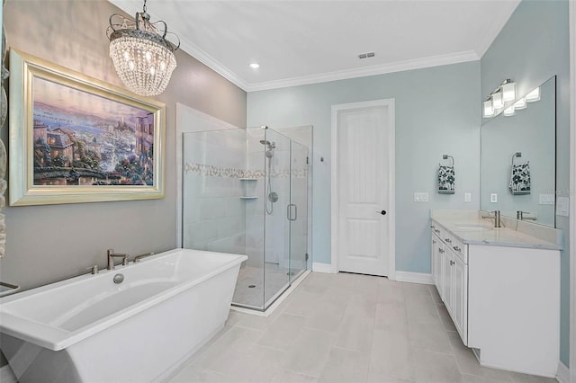 full bath with visible vents, crown molding, a shower stall, and baseboards