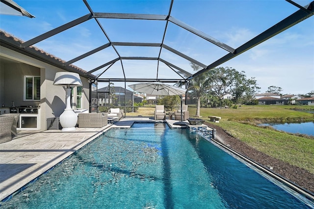 pool featuring a lanai, a patio area, outdoor lounge area, and a yard