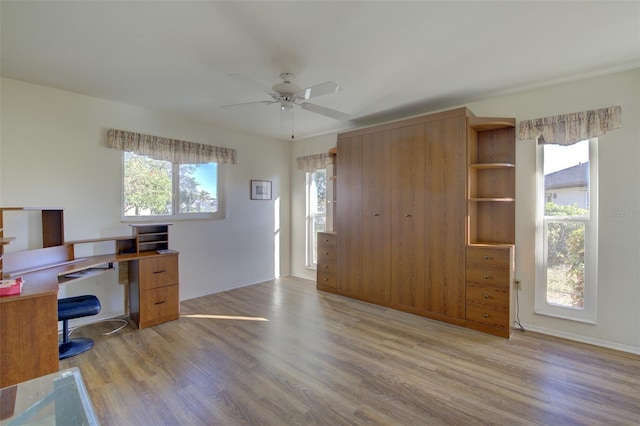 office space featuring ceiling fan and light hardwood / wood-style floors