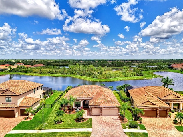 aerial view featuring a water view