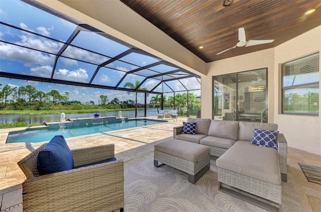 view of pool featuring a lanai, a water view, an outdoor living space, a patio area, and pool water feature