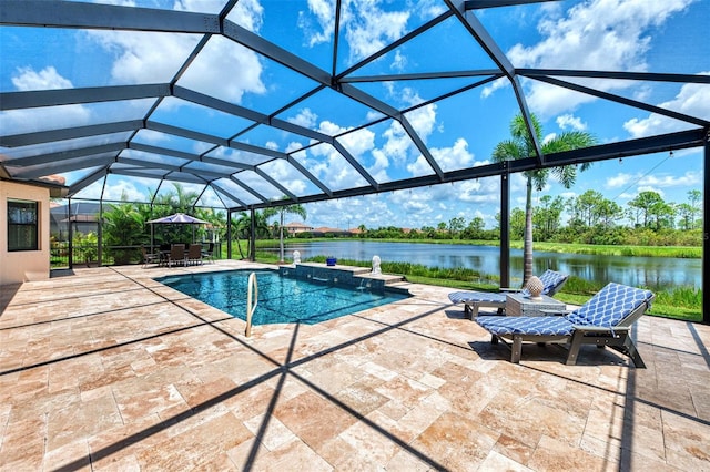 view of swimming pool featuring a lanai, a patio, pool water feature, and a water view