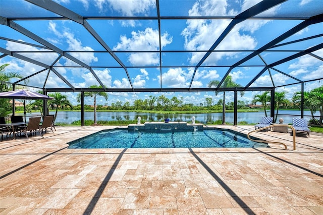 view of pool featuring a water view, a lanai, and a patio area