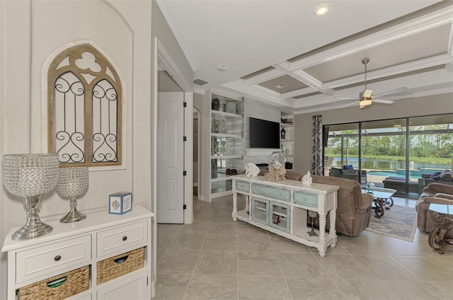 tiled living room with beamed ceiling, ornamental molding, coffered ceiling, and ceiling fan