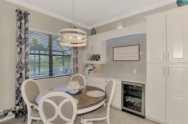 tiled dining room with ornamental molding, wine cooler, and a chandelier