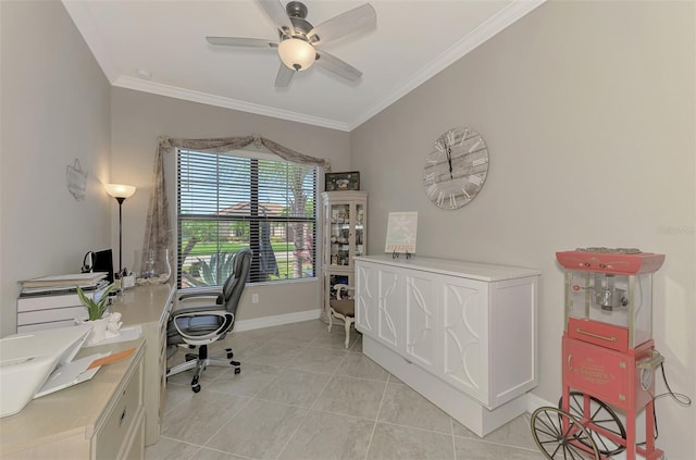 tiled office with ornamental molding and ceiling fan