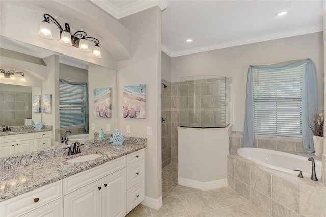 bathroom with vanity, tile patterned flooring, ornamental molding, and plus walk in shower