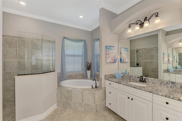 bathroom featuring ornamental molding, vanity, shower with separate bathtub, and tile patterned flooring