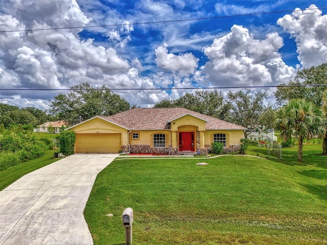 ranch-style home featuring an attached garage, a front lawn, concrete driveway, and stucco siding