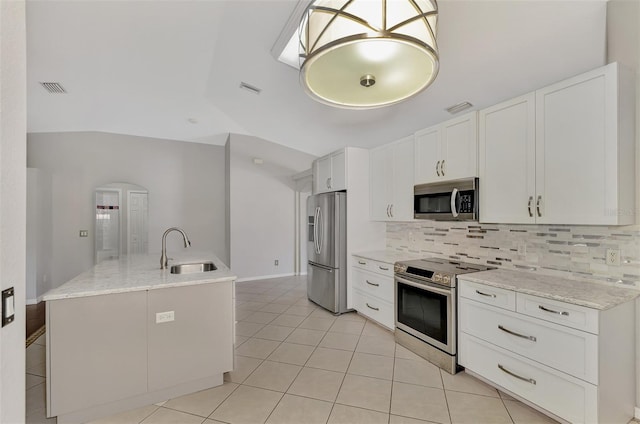 kitchen featuring stainless steel appliances, visible vents, backsplash, white cabinetry, and a sink