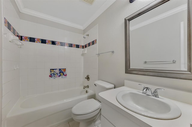 bathroom with toilet, shower / bath combination, crown molding, and vanity