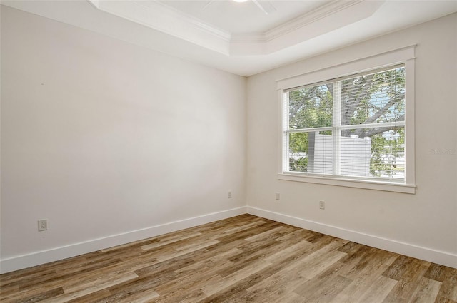 spare room featuring wood-type flooring, ornamental molding, and a tray ceiling