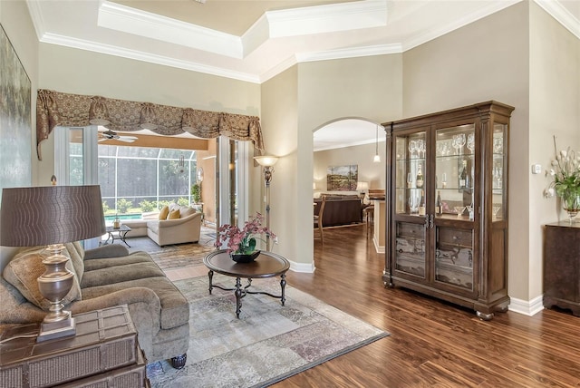 living room featuring dark wood-type flooring, ornamental molding, and a raised ceiling