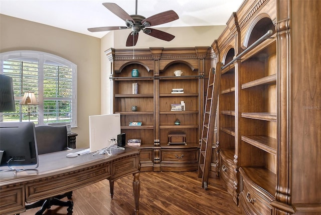 office space with wood-type flooring and ceiling fan