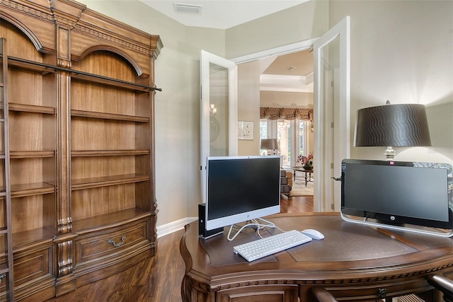 home office featuring dark hardwood / wood-style flooring