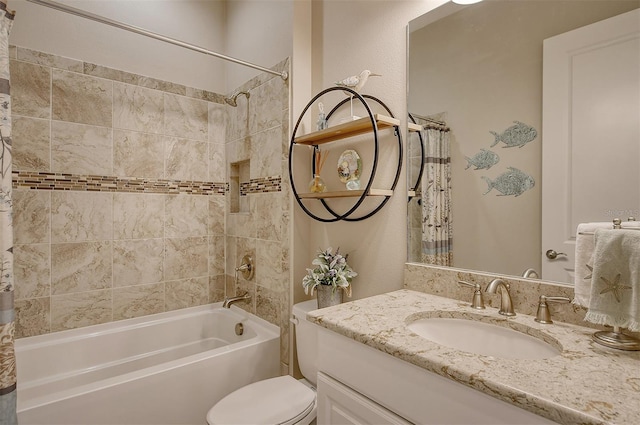 full bathroom with vanity, shower / bathtub combination with curtain, and toilet