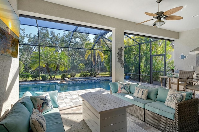 interior space with ceiling fan