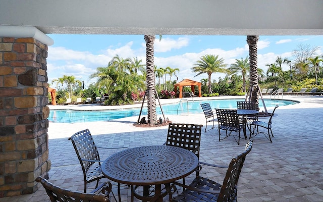 view of pool with a patio and a gazebo