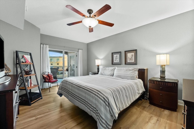 bedroom featuring ceiling fan, access to exterior, and light hardwood / wood-style floors