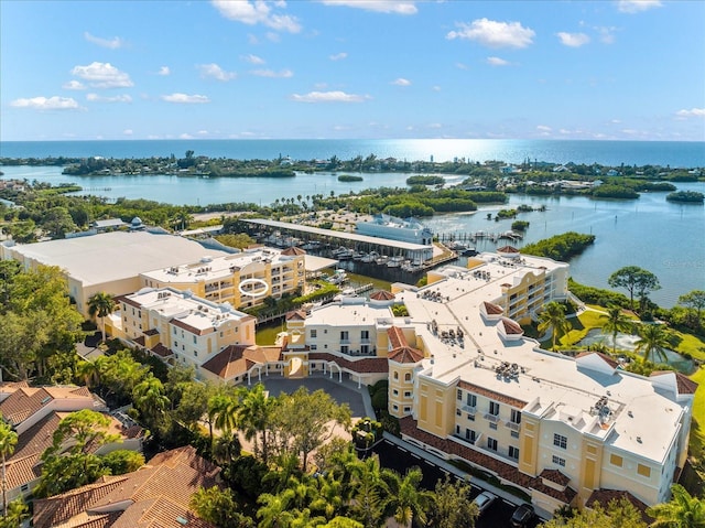 drone / aerial view featuring a water view