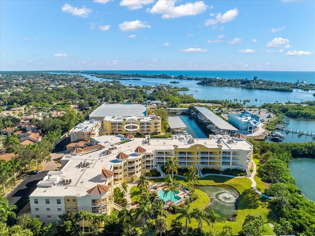 birds eye view of property featuring a water view