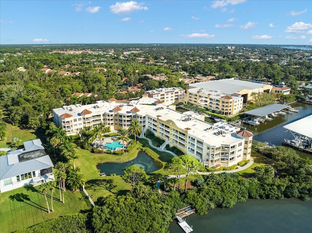 bird's eye view with a water view