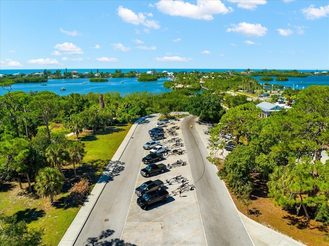 birds eye view of property featuring a water view