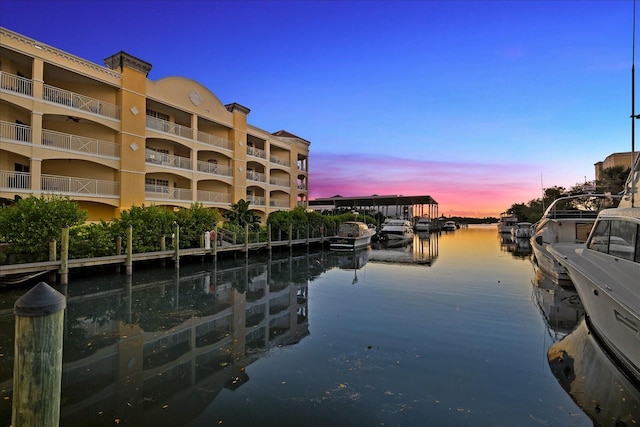 view of dock with a water view