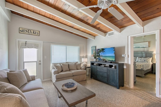 living room with lofted ceiling with beams, light colored carpet, wooden ceiling, and ceiling fan