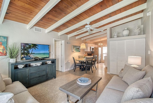 living room with lofted ceiling with beams, ceiling fan, and wood ceiling