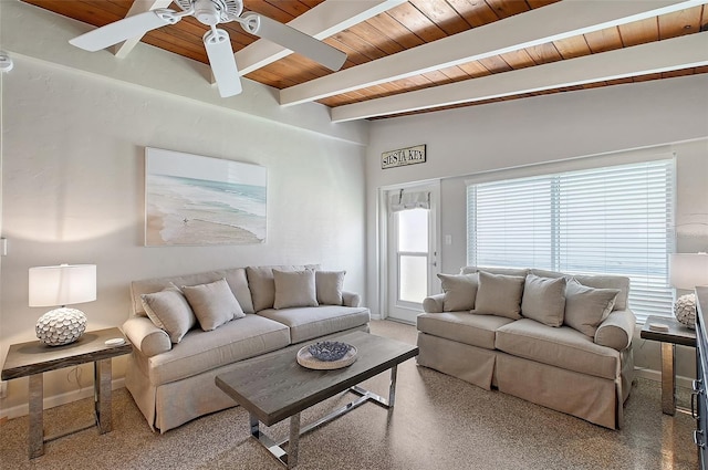 living room featuring ceiling fan, wood ceiling, and beam ceiling