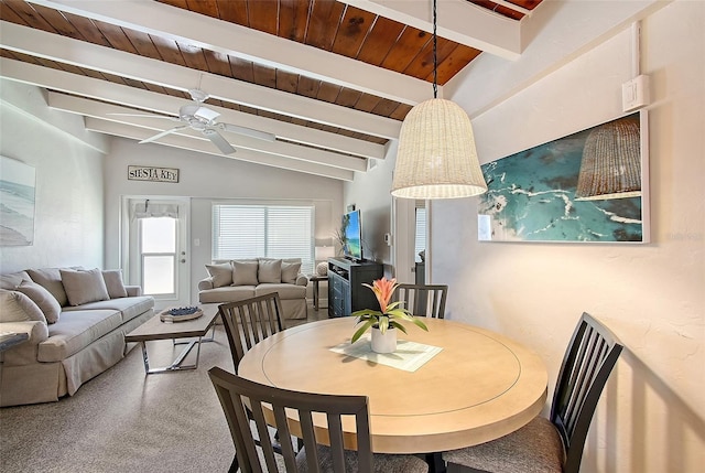 dining room featuring ceiling fan, lofted ceiling with beams, and wooden ceiling