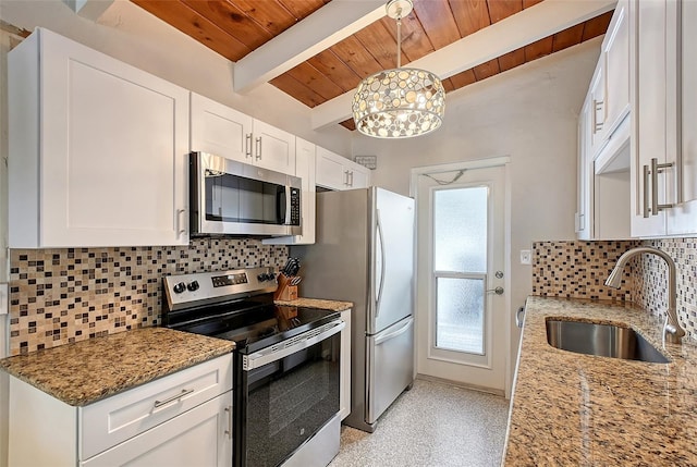 kitchen with sink, white cabinetry, wooden ceiling, appliances with stainless steel finishes, and pendant lighting