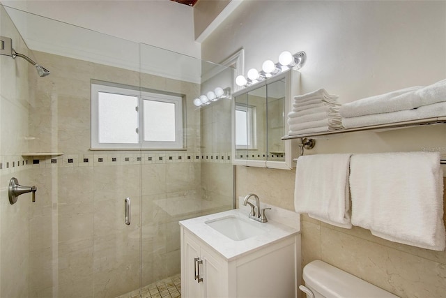 bathroom with vanity, toilet, and an enclosed shower