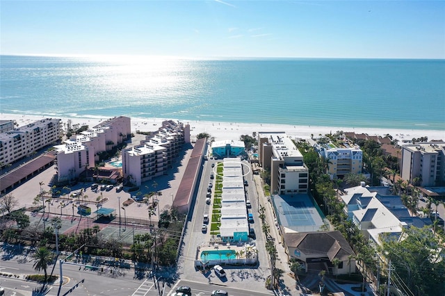 aerial view featuring a water view and a view of the beach