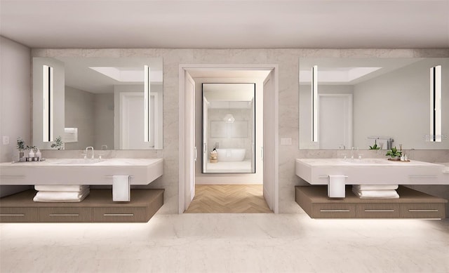 bathroom with parquet floors and vanity