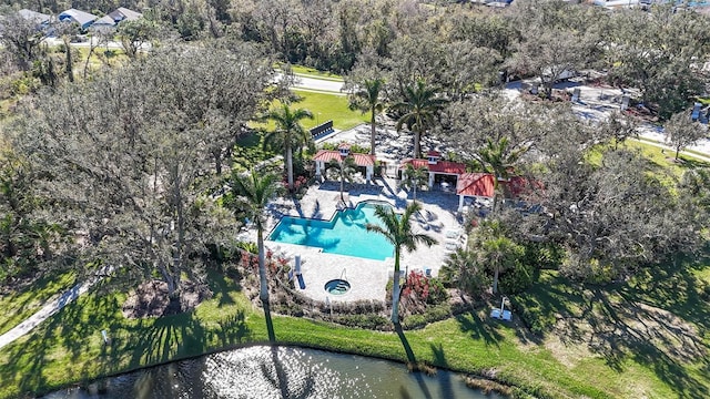 aerial view featuring a water view